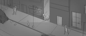 EXT: CITY, NIGHT: A dark alley located off the main street. Joe, and Jenny, a young high school couple, enter the alley from the main street.